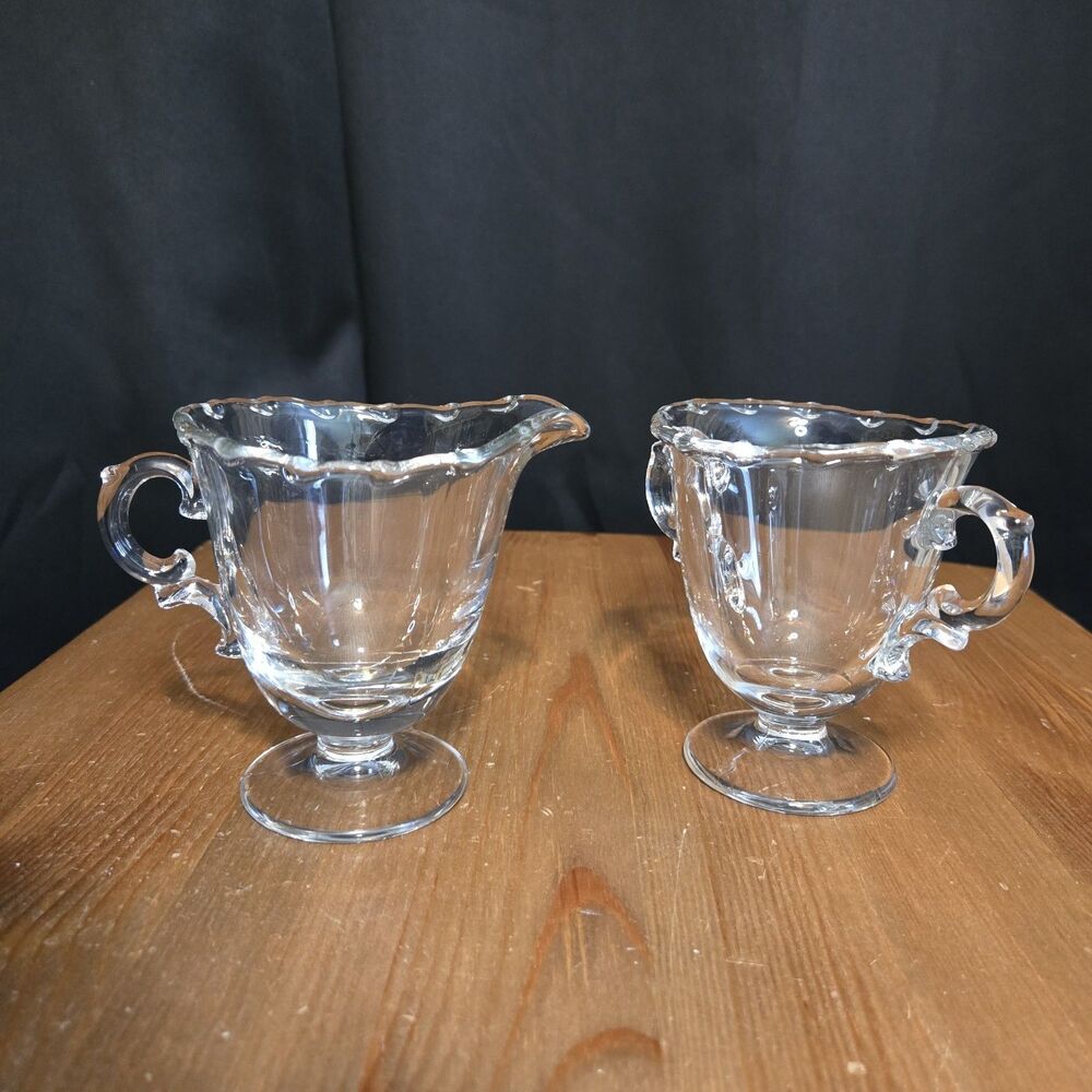 Vintage MCM Fostoria Century Clear Creamer Sugar Bowl Set Scalloped Footed, USA